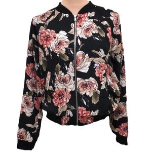 Anthropologie Sanctuary Bomber Jacket Size Large Black Pink Floral Butterfly